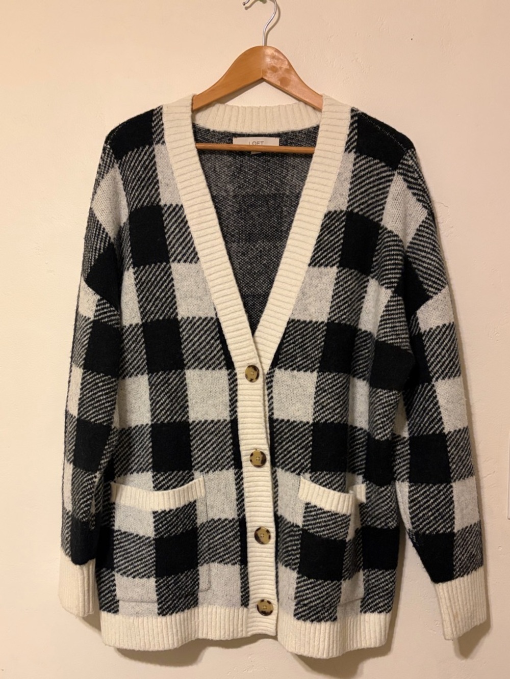 LOFT Black and Cream Buffalo Check Cardigan